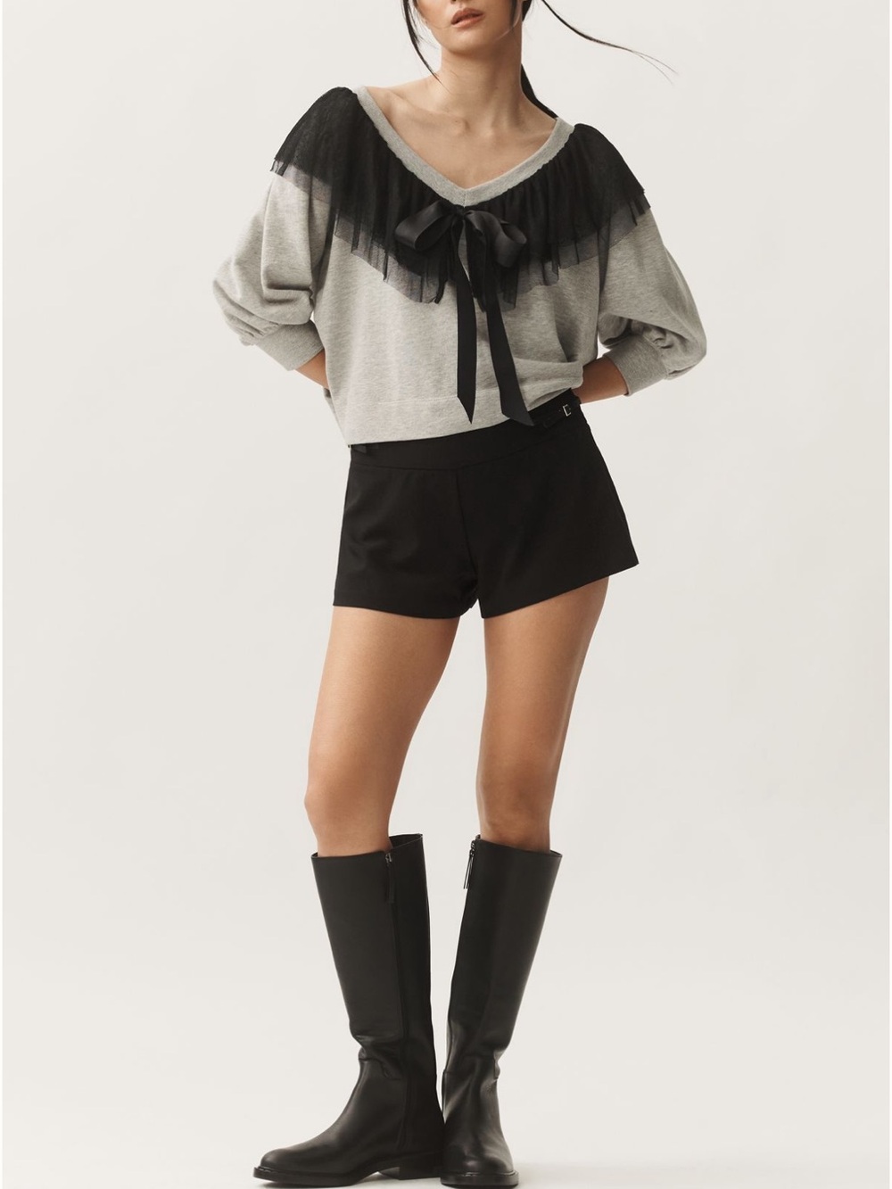 Maeve Gray Top with Black Ruffle and bow Detail